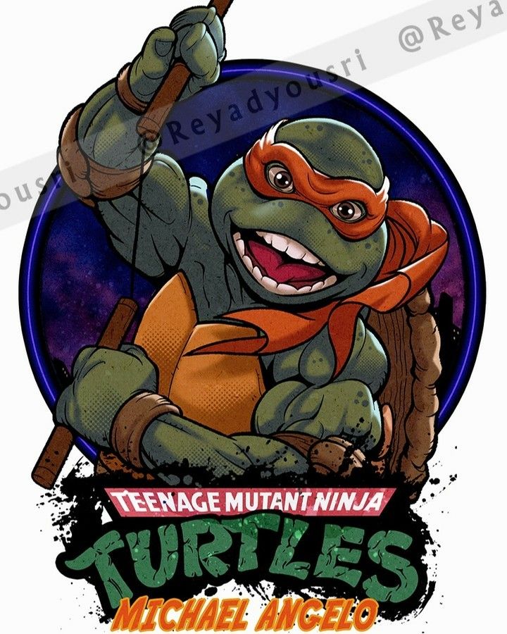 this image is a digital illustration of michelangelo, one of the teenage mutant ninja turtles, in his classic green and orange colors. he is holding two katanas, his signature weapon, with a fierce and determined look on his face. the background features a black splattered design with the iconic "teenage mutant ninja turtles" logo in green and red letters and "michael angelo" underneath in smaller red letters. the overall aesthetic is reminiscent of the classic tmnt comic books and cartoon series, with a nostalgic and fun feel.