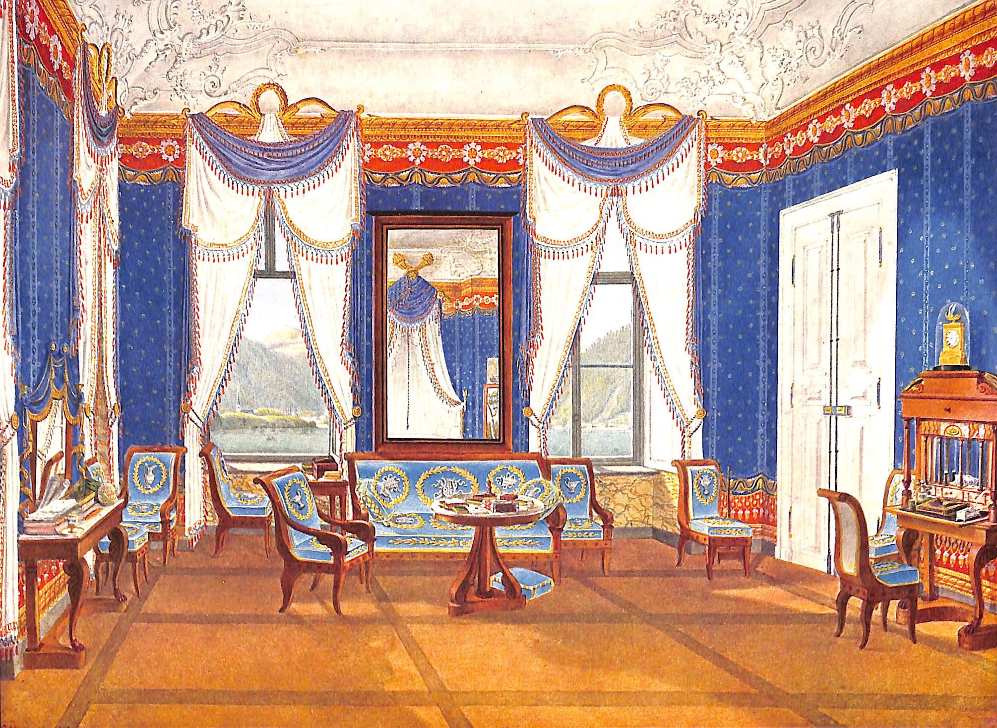 a painting of a classical interior room with blue walls, ornate gold trim, and elaborate curtains framing windows with a view of a lake and mountains. the room is furnished with antiquestyle furniture including chairs, a sofa, and a table. a mirror reflects part of the room and its furnishings.