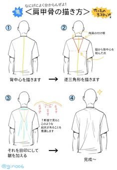 the image is a tutorial on how to draw shoulder blades. it is in japanese and features four steps illustrated with simple line drawings of a male figure from the back. each step highlights the key areas to focus on in the drawing process.