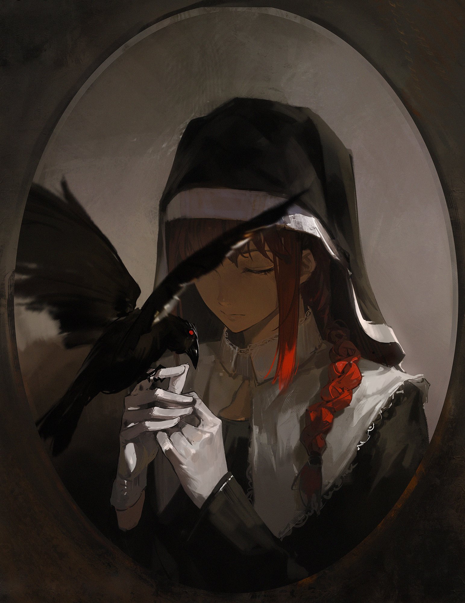 a young woman, dressed in a black and white gothicinspired dress, holds a black raven in her hands. she looks down with a sad expression, and the image is framed in a dark, circular border, creating a mysterious and somber atmosphere.