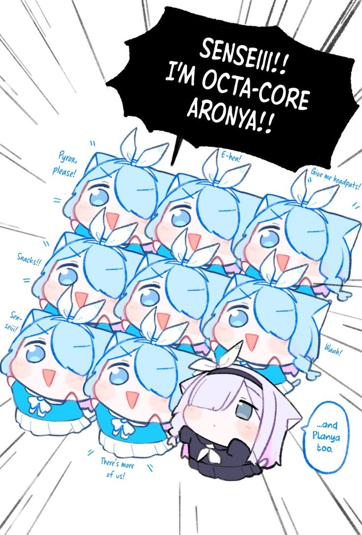 the image shows a collection of eight chibistyle arona characters from blue archive, labeled as "octacore aronya". they are accompanied by a single planya character. the aronas are depicted with light blue hair and outfits, and speech bubbles indicating their desires: "pyrox, please!", "snacks!!", "senseiii!", "ehen!", "give me headpats!", and "waak!". they are arranged closely together with the text "there's more of us!". the image is styled like a cartoon or manga panel.
