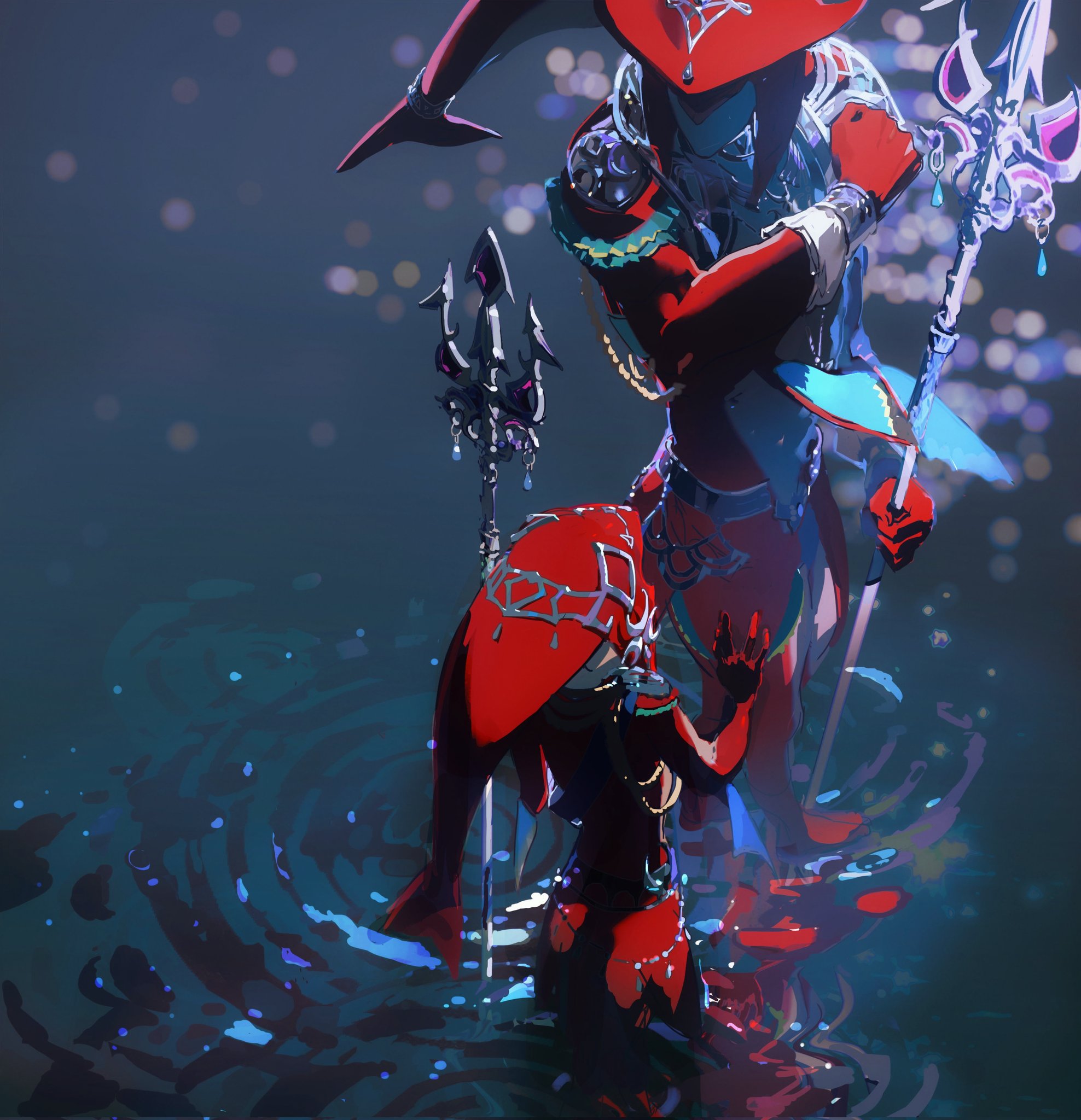 the illustration features two figures standing in shallow water, both adorned in red and teal attire. the taller figure, partially submerged, holds a glowing trident and sports a widebrimmed hat. the smaller figure, reminiscent of a child, mirrors the taller one's stance, arms outstretched with glowing markings. the water surrounding them ripples outward, hinting at an ongoing transformation or battle.