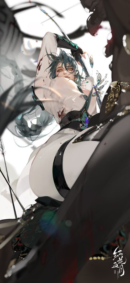 a woman with dark hair and white clothes is holding a futuristic sword.  she is in a fighting stance and her hair is flowing in the wind. the background is dark and blurred.