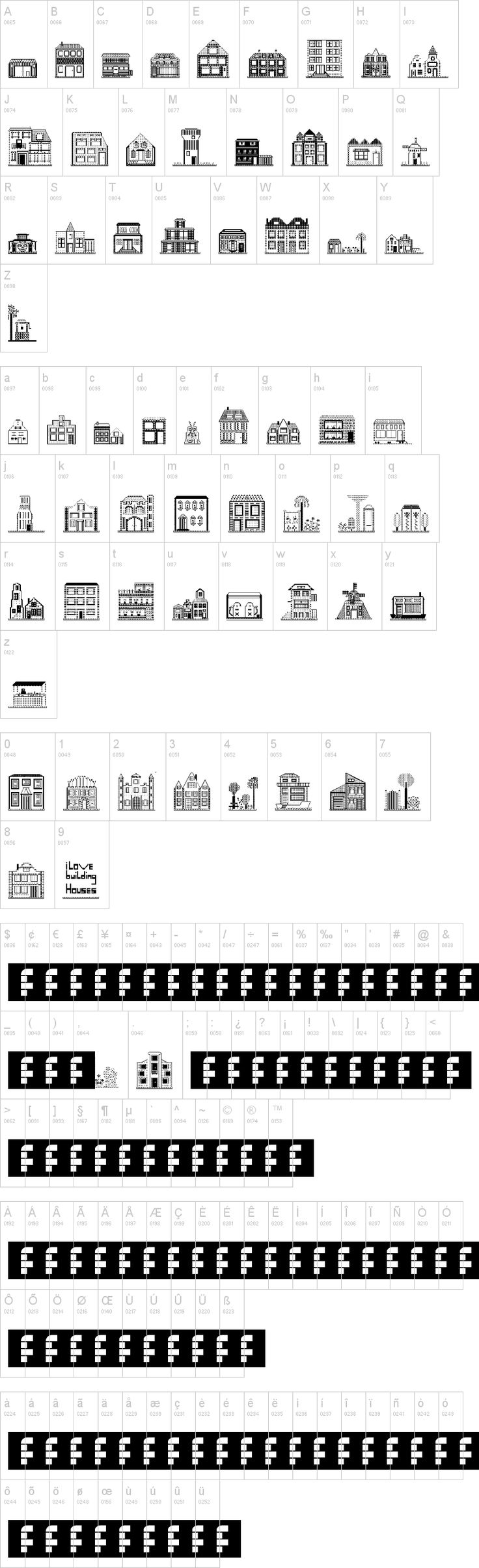 the image shows a font where each letter corresponds to a different building illustration. it shows the alphabet in upper and lowercase, as well as some numbers and symbols. below this there are rows of the letter 'f' and corresponding building illustrations.