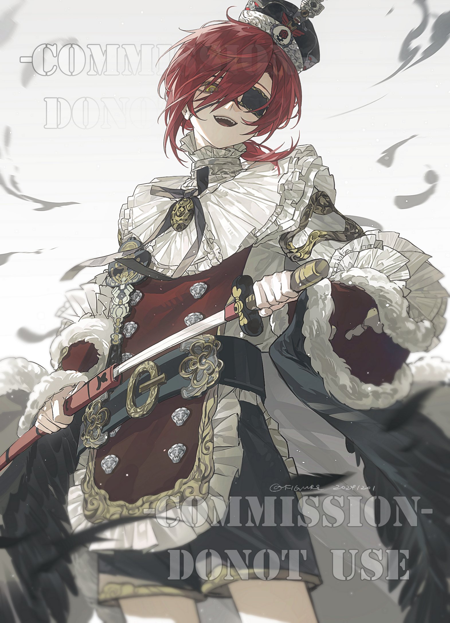 an animestyle drawing shows a male character with red hair and an eyepatch wearing an elaborate military uniform. he has a sword in his hand and a decorative hat on his head. the image contains text "commission do not use" suggesting it is a commissioned artwork.