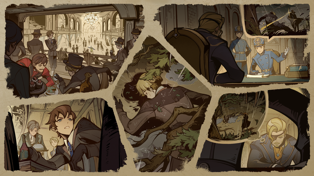 the comic shows various panels with characters in different settings.  the first panel is a social gathering with the main character, a young man with brown hair, standing to the left.  he is dressed in a fine suit, with a blue tie.  he seems to be looking around nervously.  the second panel shows a man in a brown suit, lying unconscious on the ground.  the third panel shows a meeting between the main character and two military officers, one of whom is wearing a blue uniform and a blue hat.  they seem to be having a serious conversation.  the fourth panel shows a soldier in a blue uniform and a blue hat, standing in front of a table with a large book on it. he seems to be looking at the book, possibly studying it. the final panel shows a man in a blue suit with a patch over his eye. he is looking at the camera with a serious expression on his face.  the comic is full of mystery and suspense. it seems like the main character is trying to figure out what is going on. the comic appears to be a mix of intrigue, action, and suspense.  the art style is whimsical and intricate, with attention to detail, including the settings, characters, and attire.  the use of color and shadows helps to create a rich and layered visual experience.