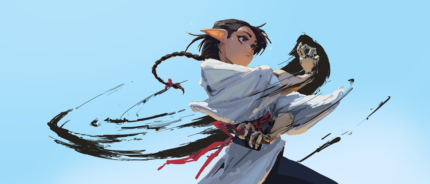 the image is a digital painting of a stylized female elf character in a dynamic action pose. she appears to be performing a martial arts move, her body twisted and her limbs in motion.  her long dark hair is braided and flows behind her, partially merging with the black brushstrokes that surround her.  she wears a loose white robe with a red sash, and her clothing moves with her body, suggesting swift movement. the style is distinctly animeinspired, with exaggerated features and a focus on movement and energy. the background is a simple light blue sky, with the focus on the figure and the abstract, painterly brushstrokes which further emphasize the character's speed and force.