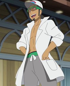 professor kukui from the pokemon anime series. he's standing with his hands in his pockets and a confident grin on his face. he's wearing his signature white lab coat open, revealing his bare chest, green swim trunks, and gray pants. he's also sporting his white baseball cap with the green poké ball logo and greentinted glasses. the background suggests a sunny outdoor location.