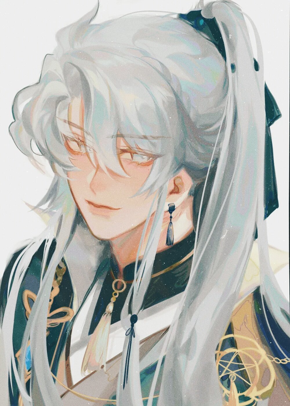 the image is a digital fanart depicting a handsome animestyle male character. he possesses long, flowing silver hair tied back in a high ponytail, and his expression is serene and calm. he's dressed in elegant, ornate clothing that appears to be inspired by eastern fashion, featuring dark teal and gold accents.  delicate jewelry, including an earring and necklace, adds to his sophisticated appearance. the art style is characterized by soft shading and pastel colors, creating a gentle and beautiful overall effect. the character's gaze is slightly downward, adding to the feeling of quiet contemplation.