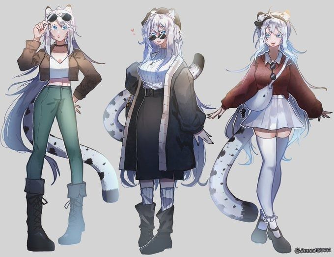 the image showcases three animestyle female characters, each with a snow leopard tail.  they are presented in various outfits, demonstrating different fashion styles. one is dressed in a casual, outdoorsy look; another in a more elegant, sophisticated style; and the third in a sweet, slightly more formal outfit.  the art style is soft and appealing, with detailed clothing and hair.  the characters all have similar facial features and long, white hair, but they are distinguished by their attire and accessories. the overall aesthetic is light, charming, and cute.