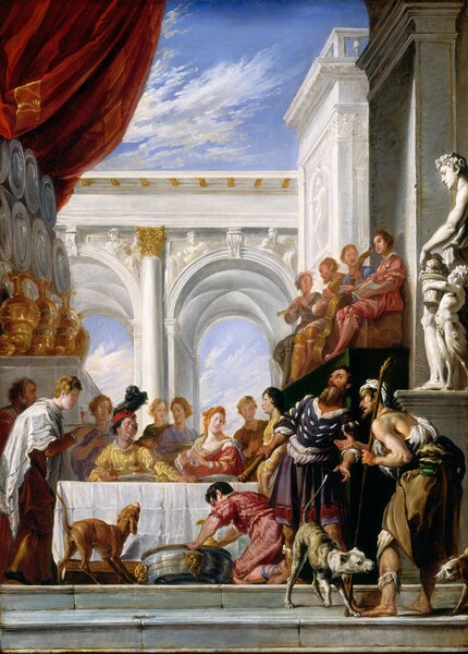the image is a classical painting depicting a banquet scene set within grand architecture. a long table is set with numerous figures seated, including musicians on a raised platform. beggars and dogs are depicted near the front of the scene, interacting with the banquet. the scene is framed by classical columns, arches, and statues, with a glimpse of the sky and clouds in the background. a large red curtain is draped in the upper left corner.