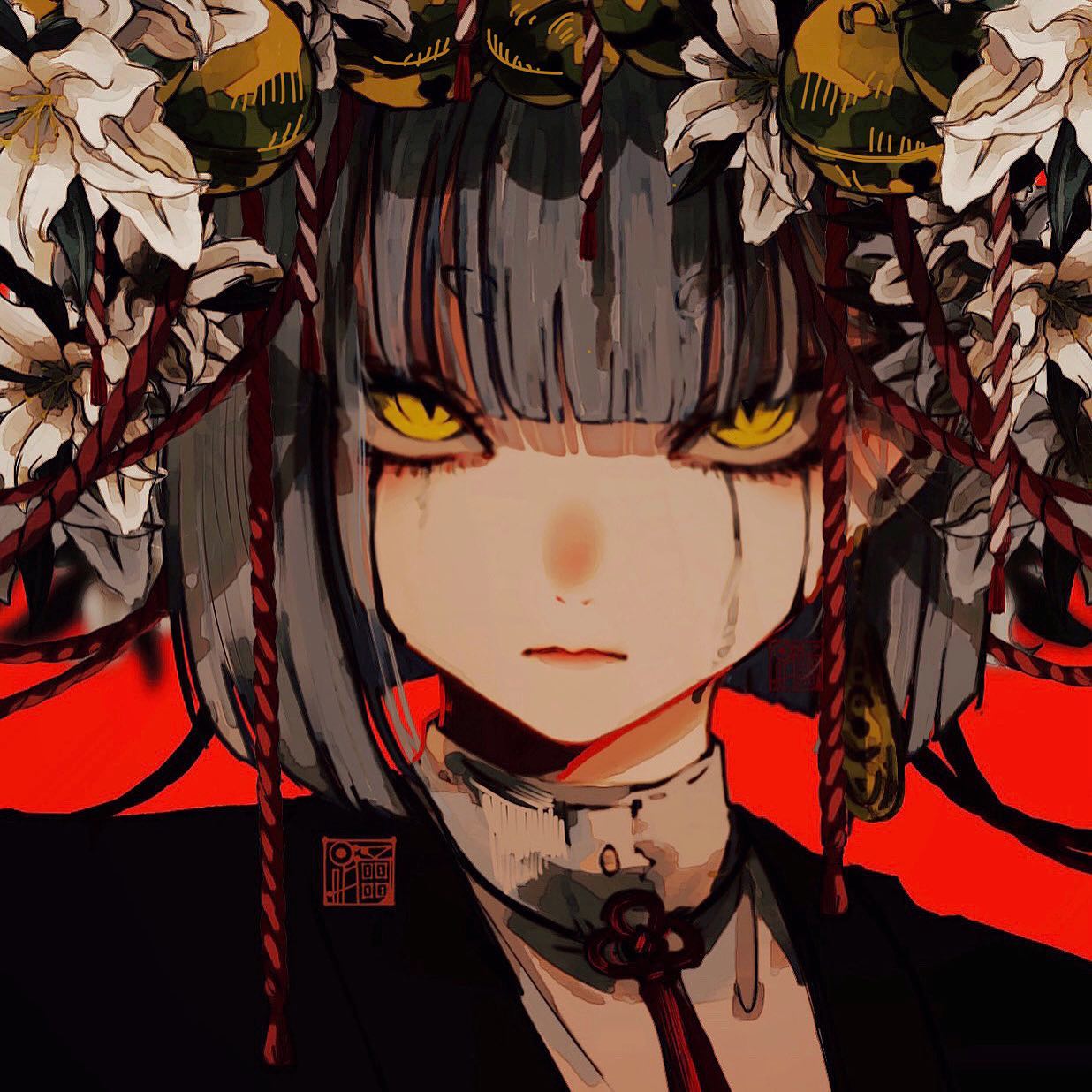 the image is a detailed digital painting or illustration of an animestyle girl. she has striking yellow eyes and dark gray hair styled with braids adorned with red cords and a flower crown featuring bells. the background is a vibrant red, contrasting sharply with the dark tones of her attire, which seems to be inspired by traditional japanese clothing.  her expression is serious, even fierce, and her gaze is intense and direct, creating a strong, emotive impact. the overall style is heavily stylized, showcasing detailed brushstrokes and dramatic lighting.  a small seallike mark is visible on the left of her collar.