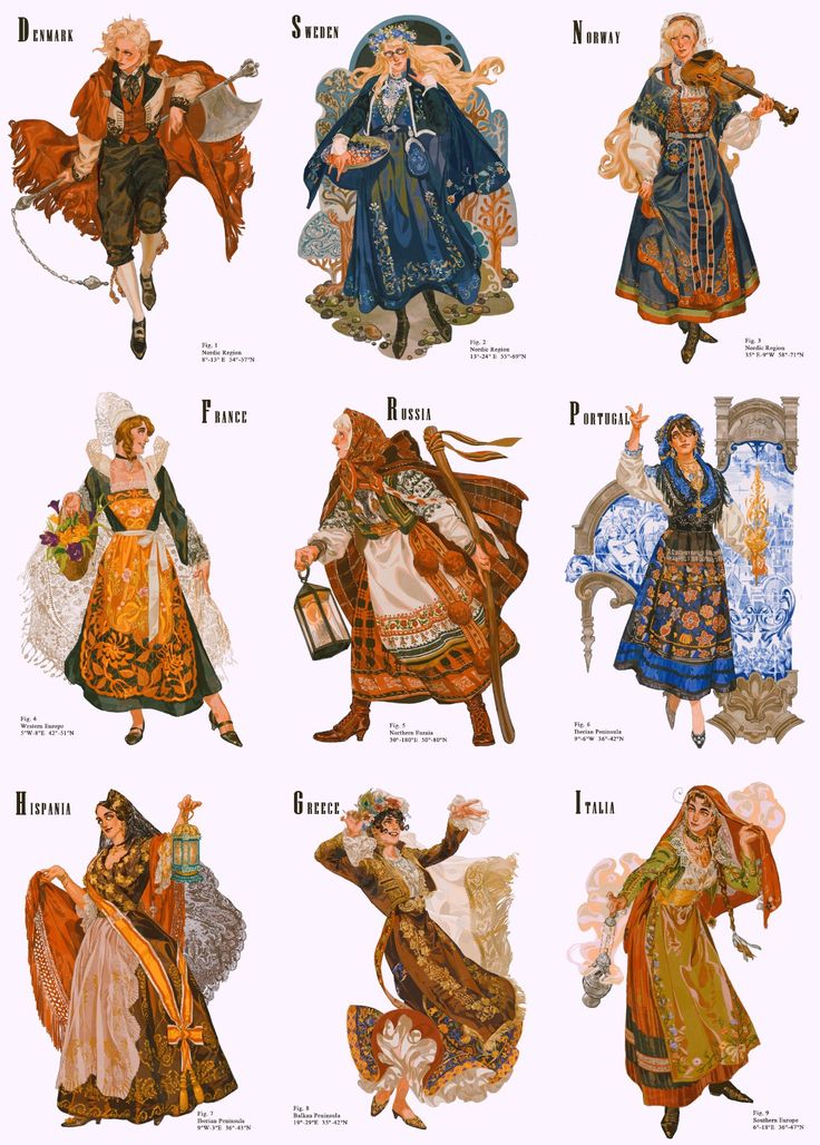 a vintage illustrated image featuring women in traditional costumes from different european countries, labelled with their respective nation.  the women are depicted in a standing position, showcasing their unique attire.  each woman is standing in front of a stylized background that hints at the country she represents. the illustration is created in a style that is reminiscent of 19thcentury art and fashion, with a strong emphasis on detail and precision.  the overall image is a testament to the rich cultural diversity of europe and the beauty of traditional clothing.  the colors are vibrant and the details are exquisite, creating an enchanting and nostalgic feeling.