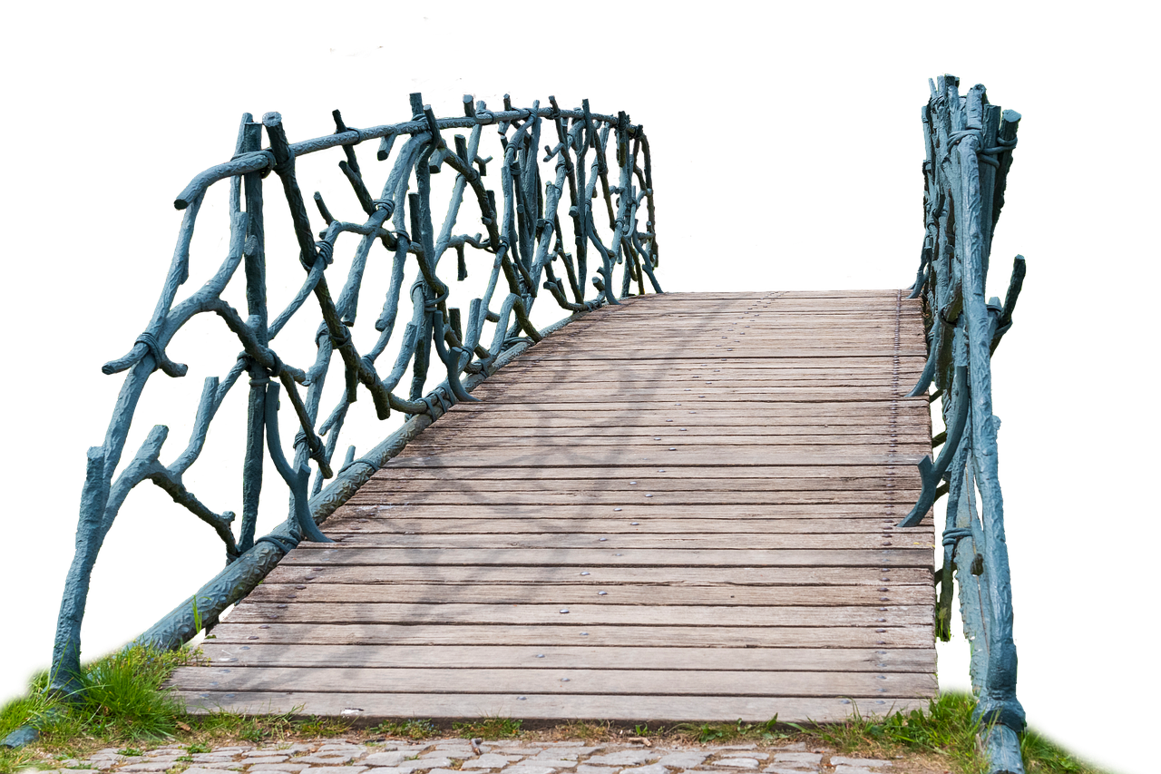 a wooden bridge with decorative blue railings spans a walkway. the bridge is made of wooden planks, and the railings are constructed from blue, intertwining branches. grass and cobblestones are visible at the base of the bridge. the background is black.