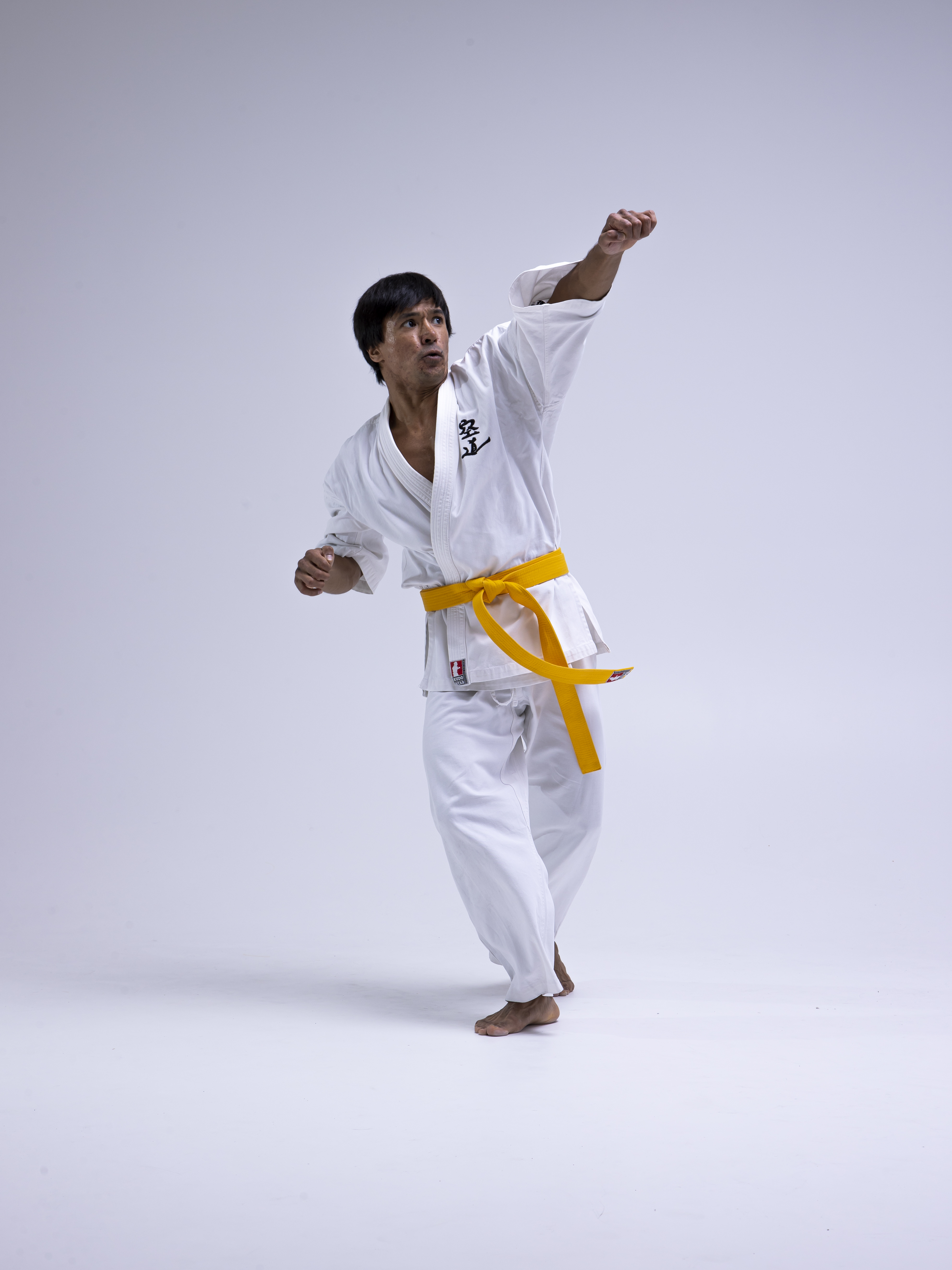 a man in a white karate uniform with a yellow belt is performing a punch. he is barefoot in a fighting stance in a studio with a white background.