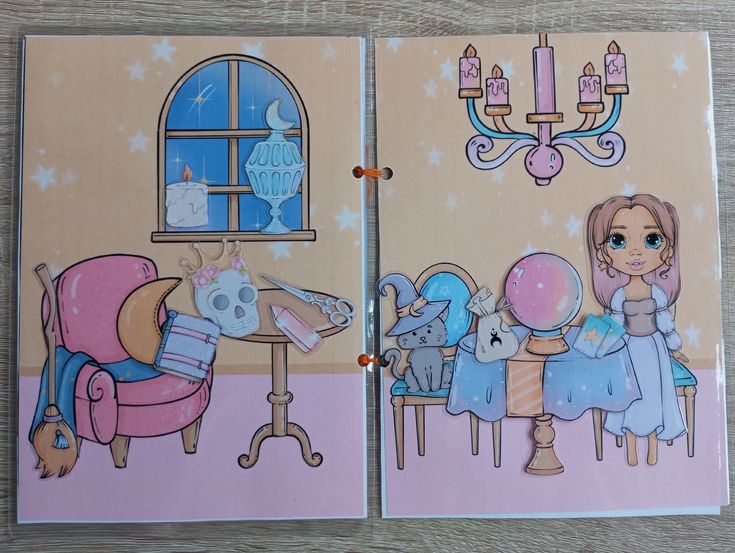 this is an illustration of a book featuring different rooms. the left page depicts a room with a pink chair, a table with a skull, scissors and a crystal, a broom, a window with candles and a crescent moon. the right page depicts a room with a cat, a girl holding tarot cards, a table with a crystal ball, and a chandelier.