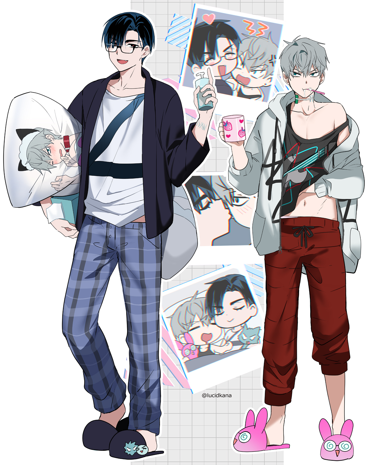 this is a digital illustration of two anime boys, one wearing blue pajamas and one wearing red pajamas, holding a cup of tea. the illustration is in the style of manga, with exaggerated features and bright colors. the boys appear to be in a relationship, and the image conveys a sense of happiness and love.  the image has a few small inset images of the boys in different poses.