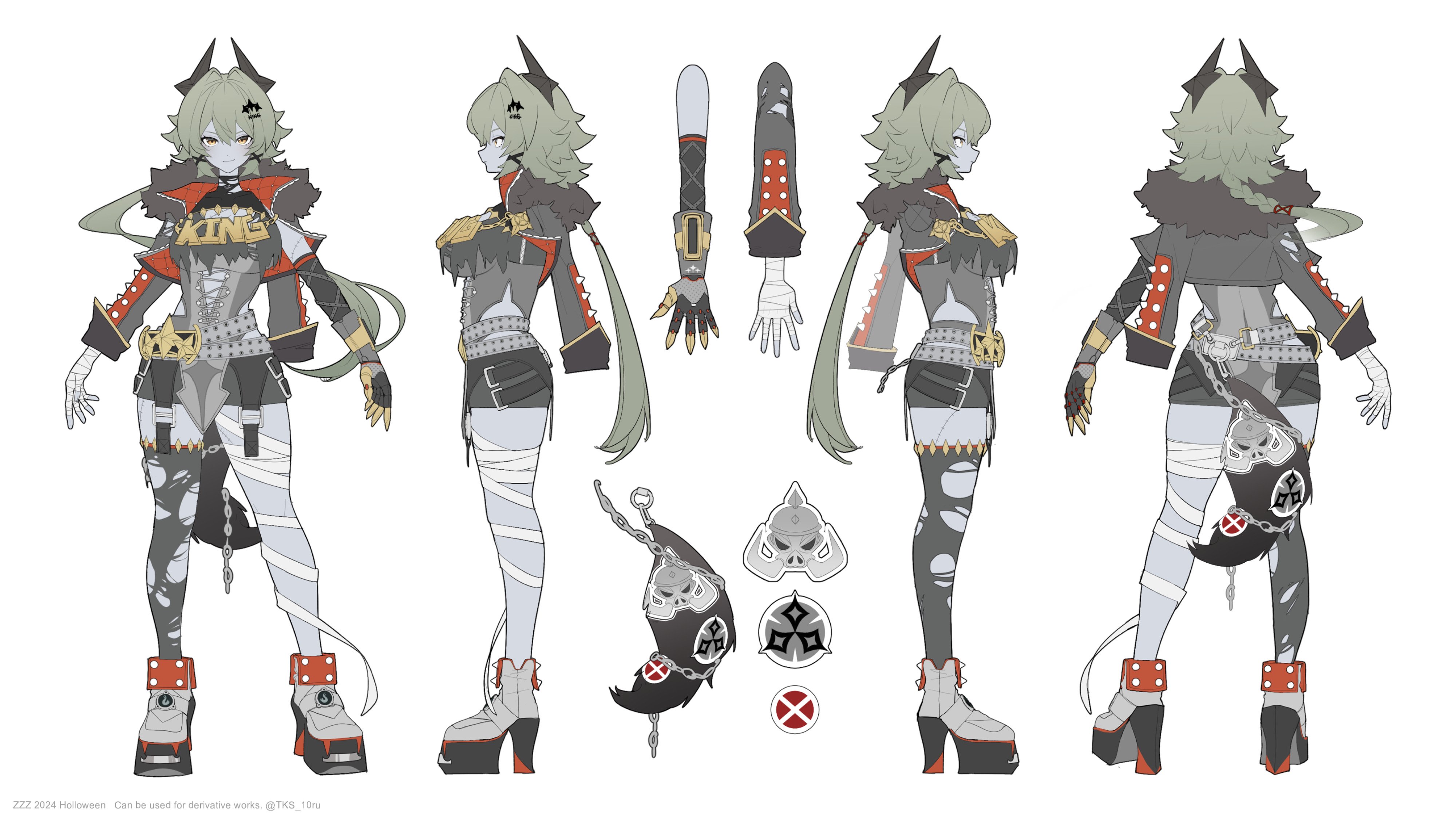 this image is a detailed character design sheet for an animestyle female character. the character is dressed in a gothic rockinspired halloween costume, with elements of zombie and mummy aesthetics. the design includes multiple views (front, back, side profiles), as well as closeups of accessories and clothing details.  the color palette is muted, with greys, greens, and reds dominating. the style is clean and professional, suggesting a concept art piece for a game or animation. the bottom of the image includes copyright information.