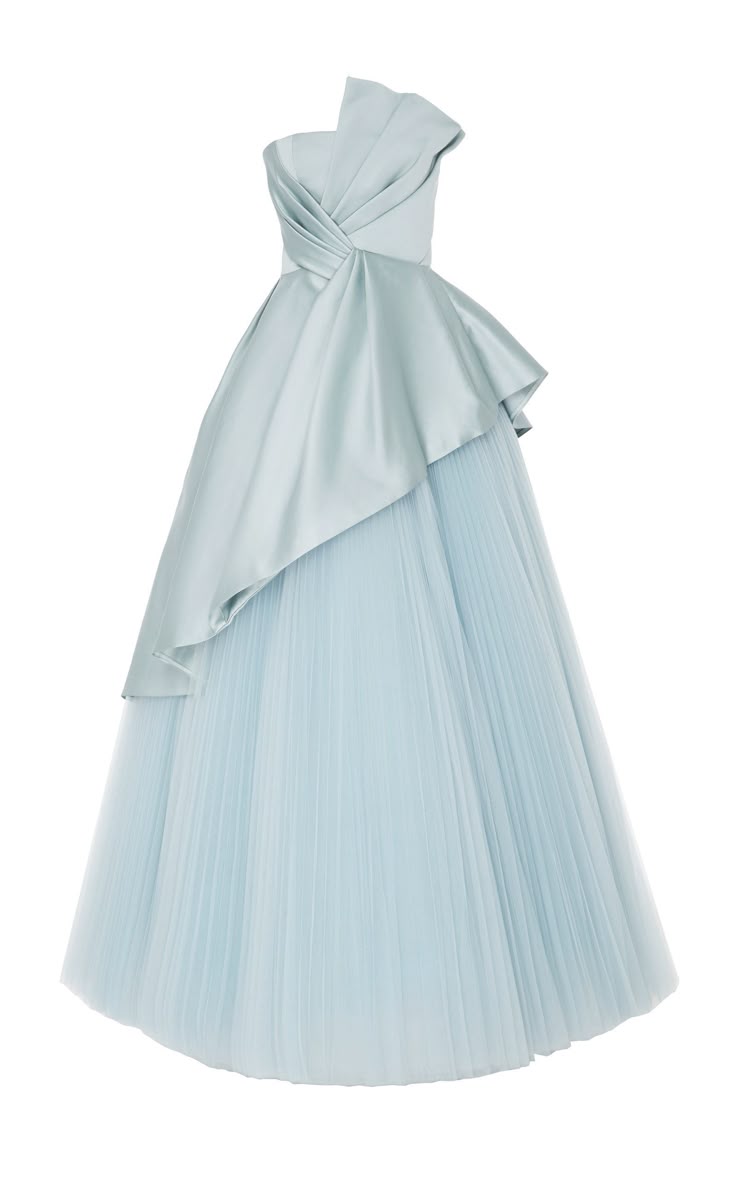a light blue oneshoulder gown is displayed against a white background. the top portion of the dress is made of shiny, light blue satin fabric that is draped and twisted at the bust. the dress has a strapless design and features an asymmetrical neckline with a folded piece of fabric extending upwards. the lower portion of the dress is made of layered tulle with pleated texture, creating a voluminous skirt. the overall appearance is elegant and formal, suitable for a special occasion.