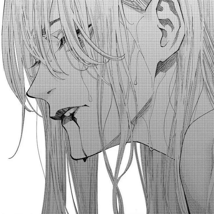 the image is a detailed monochrome drawing or illustration in the style of anime or manga. it depicts a young woman or girl with extremely long, straight hair, her face in profile view.  she is crying, with tears visibly streaming down her face and hair, indicating intense sadness or distress. the drawing style is highly expressive, focusing on the emotional impact of the character's grief, with fine lines and shading used to highlight the details of her face and hair.  the overall mood is one of melancholic sorrow.