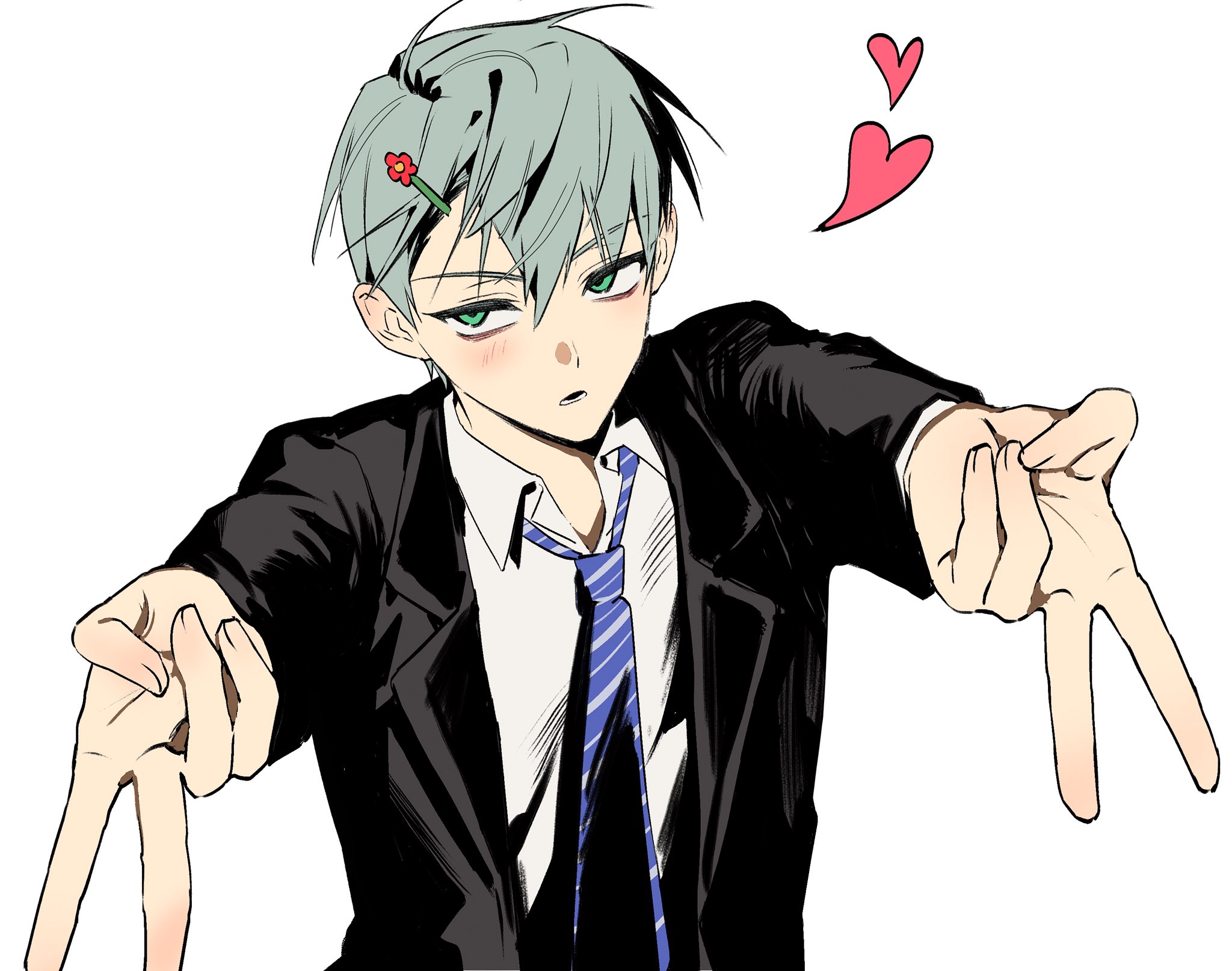 this is a drawing of an anime character with green hair in a suit. he is blushing, making a peace sign with his hands and his eyes seem to be pointing towards the hearts floating around him. he's dressed in a black suit with a blue and white striped tie and a small flower in his hair.