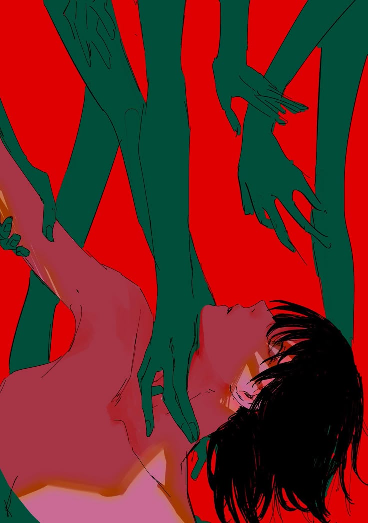 an illustration depicts a woman lying down, surrounded by several green hands reaching towards her. the background is a solid red color. the woman has dark hair and appears vulnerable, with the hands seemingly grabbing at her. the overall tone is unsettling and suggests themes of fear and tension.