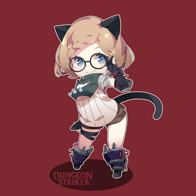 a chibistyle illustration of a blonde girl dressed in fantasy attire against a solid burgundy background. the character wears cat ears, a mischievous grin, and glasses that reflect light blue highlights. her outfit features spiked leather gloves, a green scarf, a white sleeveless top, brown shorts, a black tail, and armored boots in black and purple.  the words "dungeon striker" are emblazoned below the character in a simple white font.  the overall aesthetic is playful and energetic, suggestive of a video game character.