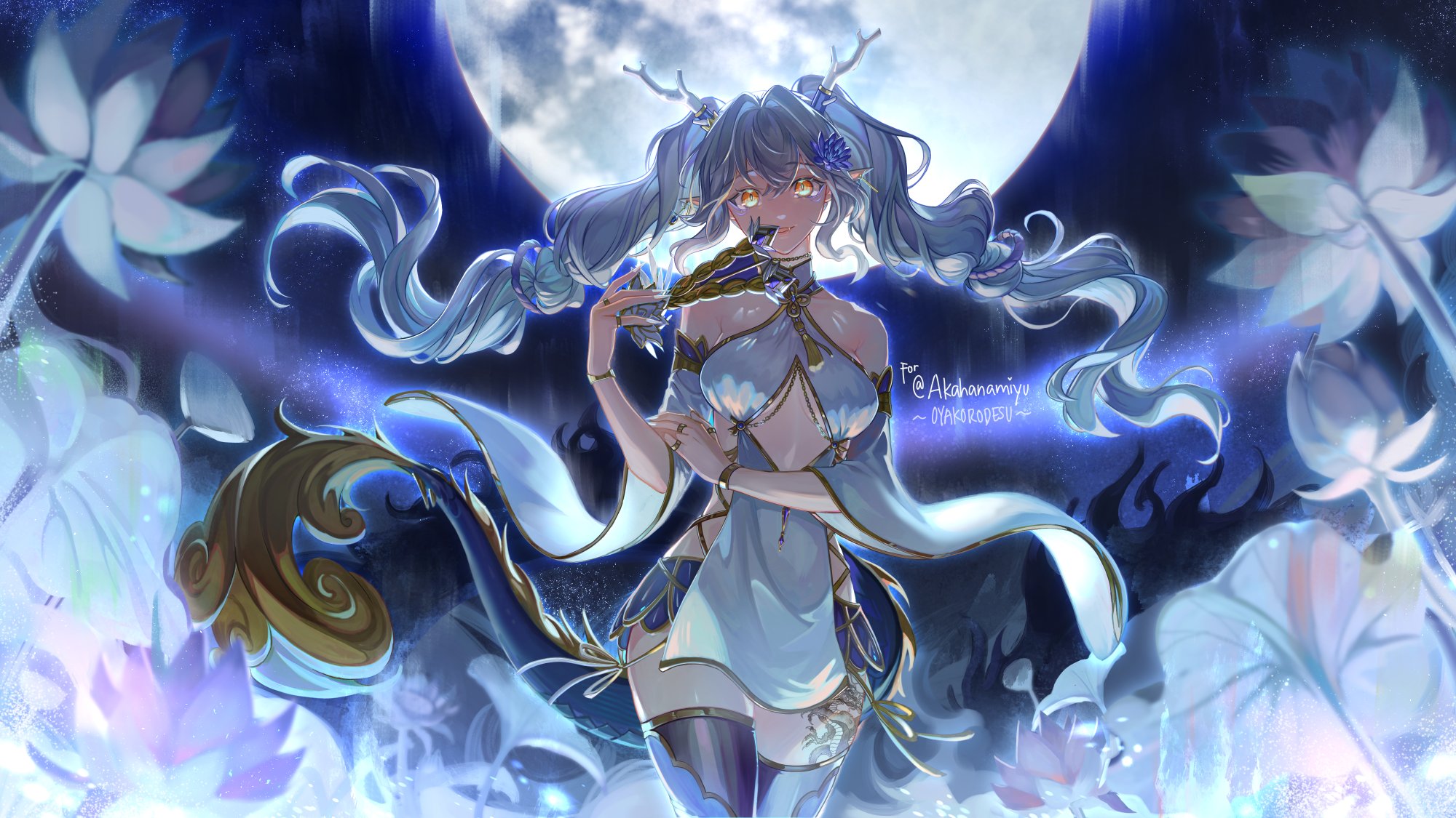 this is a digital art illustration of an anime girl with white hair, blue eyes, and a white dress with gold accents. she is standing in a field of white flowers with a blue background and a moon in the sky. she looks to be a mythical creature as she has small antlers on her head. she is holding a golden staff in her right hand.