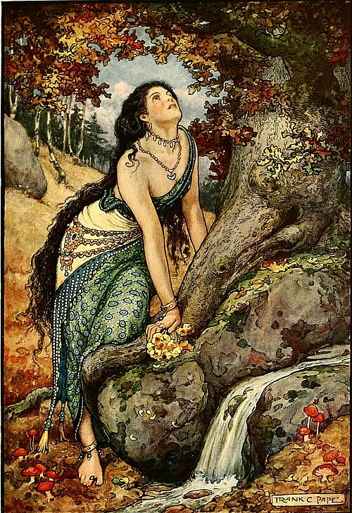 an illustrationstyle painting by frank c pape depicts a woman in an outdoor setting. the woman has long, dark hair and wears jewelry around her neck and wrist, and a patterned dress. she is leaning against a tree, holding yellow flowers. a waterfall flows nearby, and red mushrooms are visible on the ground. the background shows a forest scene with trees and foliage.
