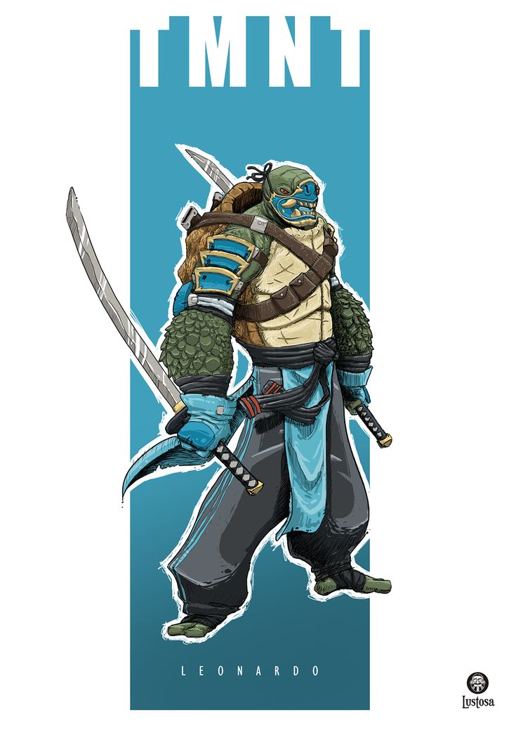 a cartoon drawing of leonardo, one of the teenage mutant ninja turtles,  wearing a blue bandana and blue clothing. he is holding a katana. behind him is a  blue background that has the initials tmnt in a white, jagged font. the words "leonardo" are written in a black, jagged font below him.