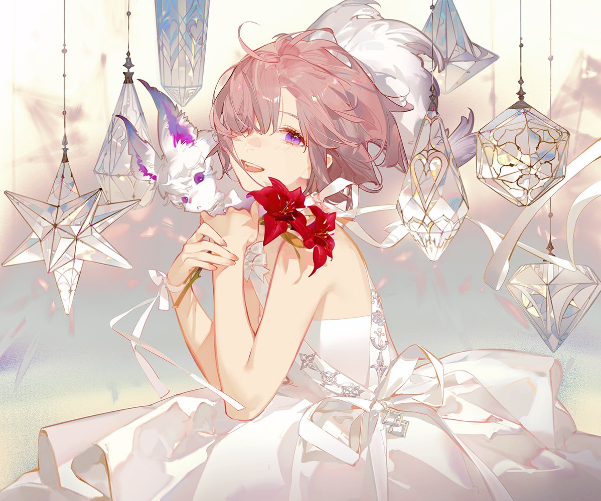 a digital illustration of an anime girl with pink hair and purple eyes, wearing a white dress and holding red flowers. she is smiling and appears to be accompanied by a white rabbitlike creature with purple accents. decorative crystal shapes hang around her, creating a dreamy and ethereal atmosphere. ribbons are tied around her hair and dress, adding to the delicate and whimsical feel of the image. the lighting is soft and enhances the overall fantasy aesthetic.