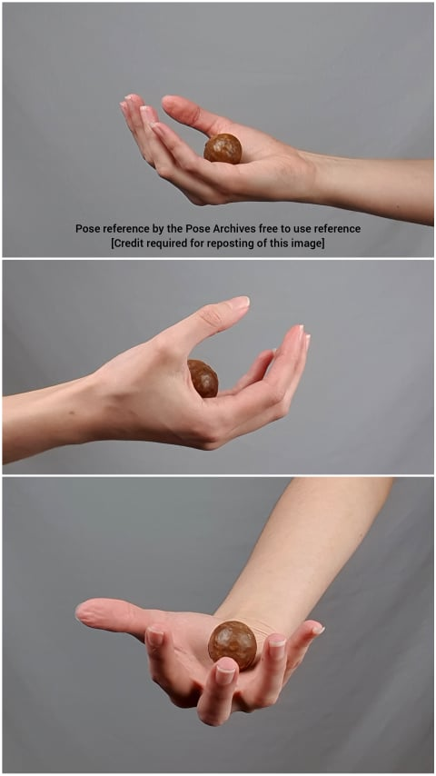 the image shows three photos of a hand holding a macadamia nut in various positions against a solid gray background. ```