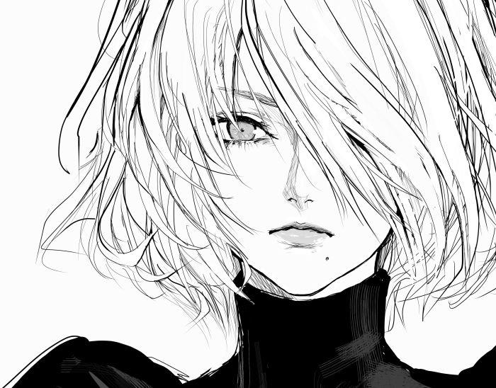 the image is a closeup, black and white illustration of a young woman with short, choppy, lightcolored hair that partially obscures one eye.  her expression is serious, almost melancholic. the style is reminiscent of anime or manga, with detailed shading and line work, particularly in the hair. she appears to be wearing a highcollared dark top or uniform. the overall mood is one of quiet intensity and mystery. the style is sophisticated and has a somewhat dark, elegant feel. the visual similarity to 2b from the video game nier: automata is notable.