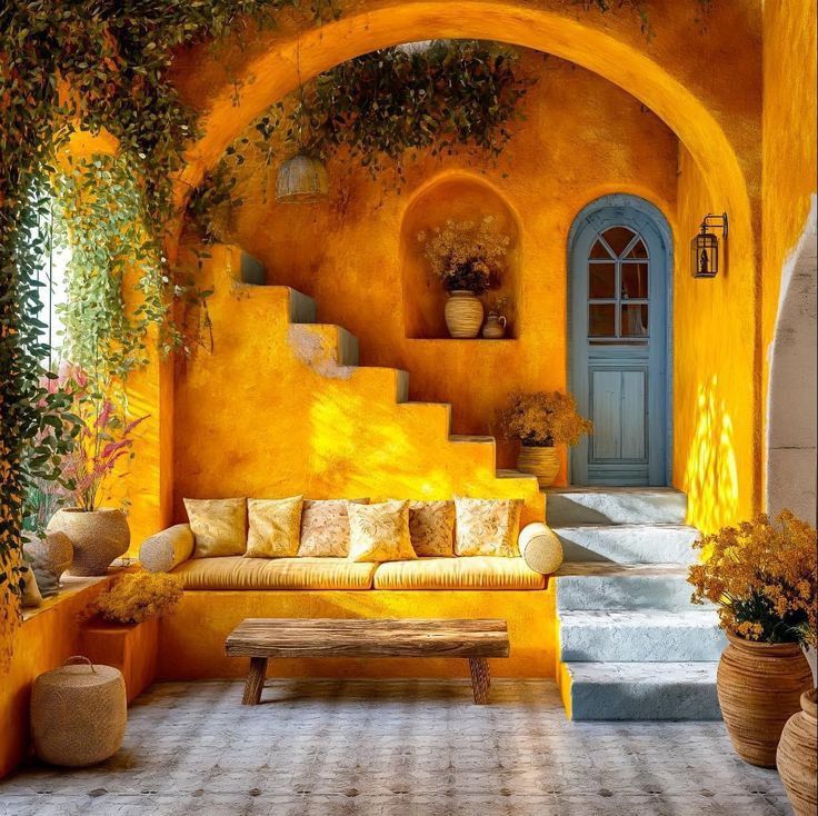 the image showcases a warmly lit courtyard in a mediterranean or rustic style. an archway frames the scene, with vibrant yellow walls creating a sunny atmosphere. a builtin seating area with pillows sits alongside a simple wooden bench. a small flight of stairs leads up to a blue door. plants cascade from above and decorate the scene in various vases, adding a touch of nature. an alcove in the wall features more decorative items, adding to the cozy and inviting ambiance.