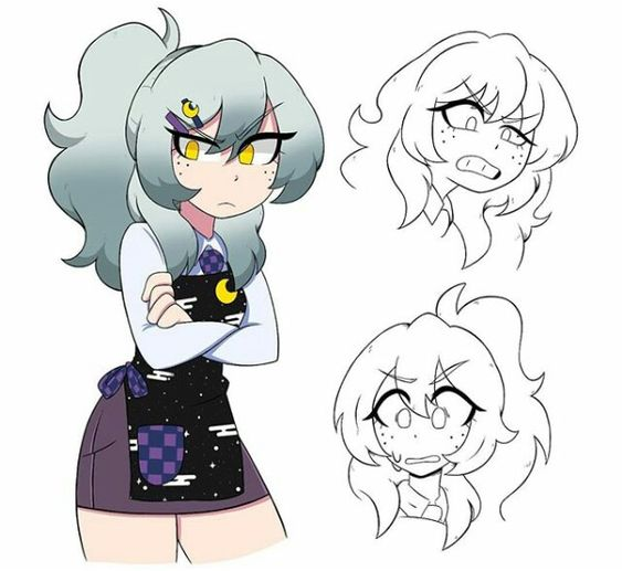 a digital illustration of a female anime character design. the main image is colored while the two smaller drawings to the right are line art with varying expressions. she is wearing a collared shirt, an apron decorated with stars and moons, and a tie with a crescent moon design. she has grey hair, yellow eyes, and an annoyed expression.