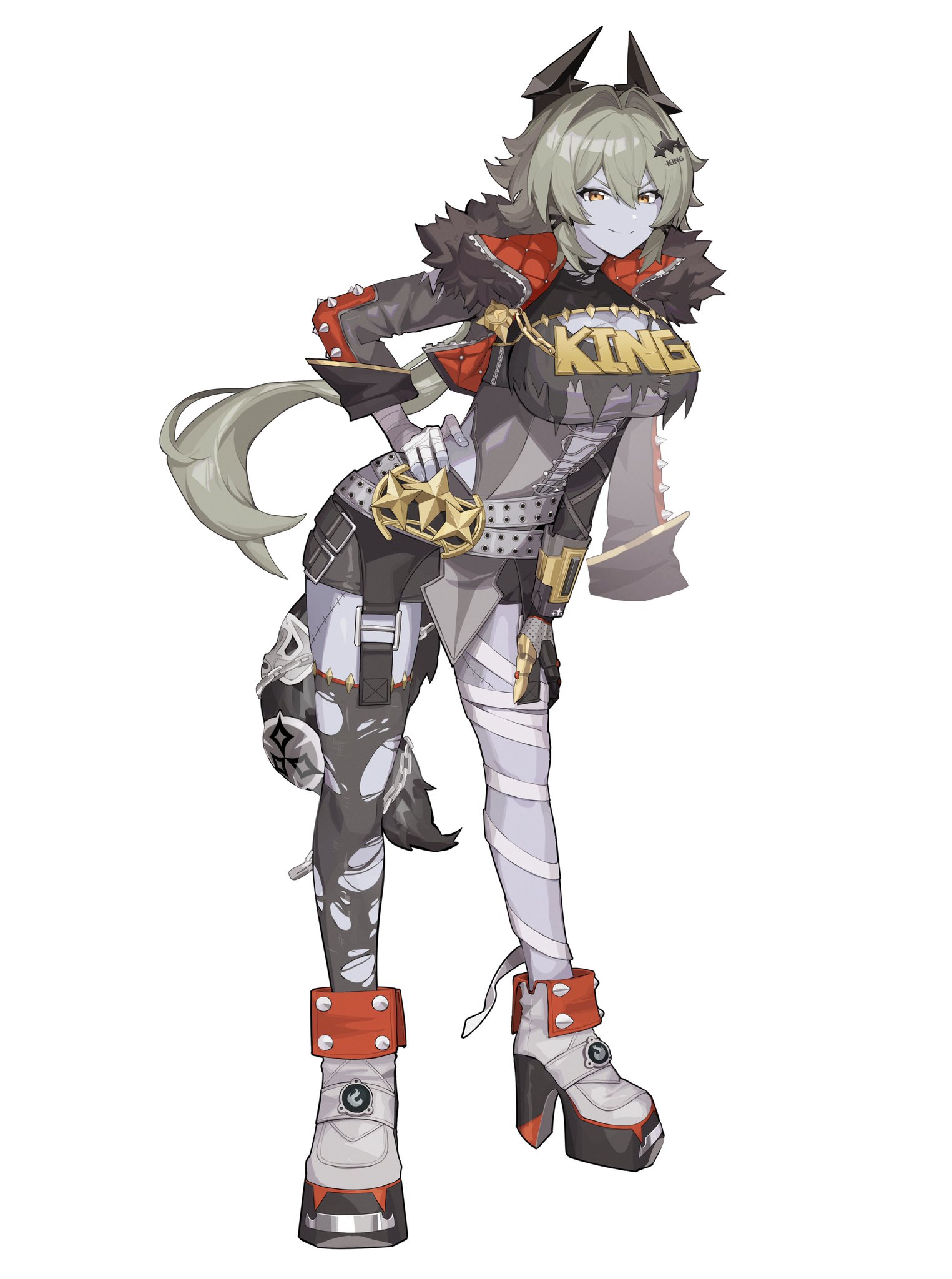 the image is a digital illustration or artwork of a stylized animestyle female character. she has grey skin, grey hair styled with wolflike ears, and a long tail.  her attire is a punk or rockinfluenced outfit,  with ripped grey and black clothing, bandages wrapped around her legs, and high platform boots with red accents.  she wears a chest piece with "king" written on it,  and various metal and gold accessories.  the character has a confident pose, and her overall design features a mixture of gothic and punk elements.  the art style is clean and polished.