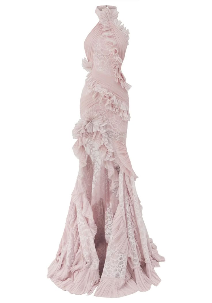 a light pink formal gown with ruffles and lace detailing, featuring a halter neck and a fitted silhouette that flares out at the bottom.