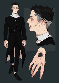 the image showcases a male character design against a dark gray background. the character, with pale skin, short black hair, and a noticeable scar across his face, is depicted in two poses: a fullbody frontal view and a closeup side profile. he's dressed in a stylish ensemble of a long black coat over a doublebreasted, highcollared shirt and matching black pants. the character's hands are also highlighted, one of which exhibits a unique circular marking on the palm.