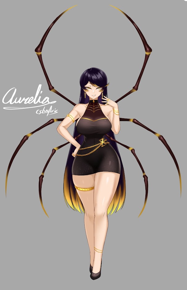 this is an image of a beautiful anime girl with long black hair. she is wearing a black dress with gold accents and has large