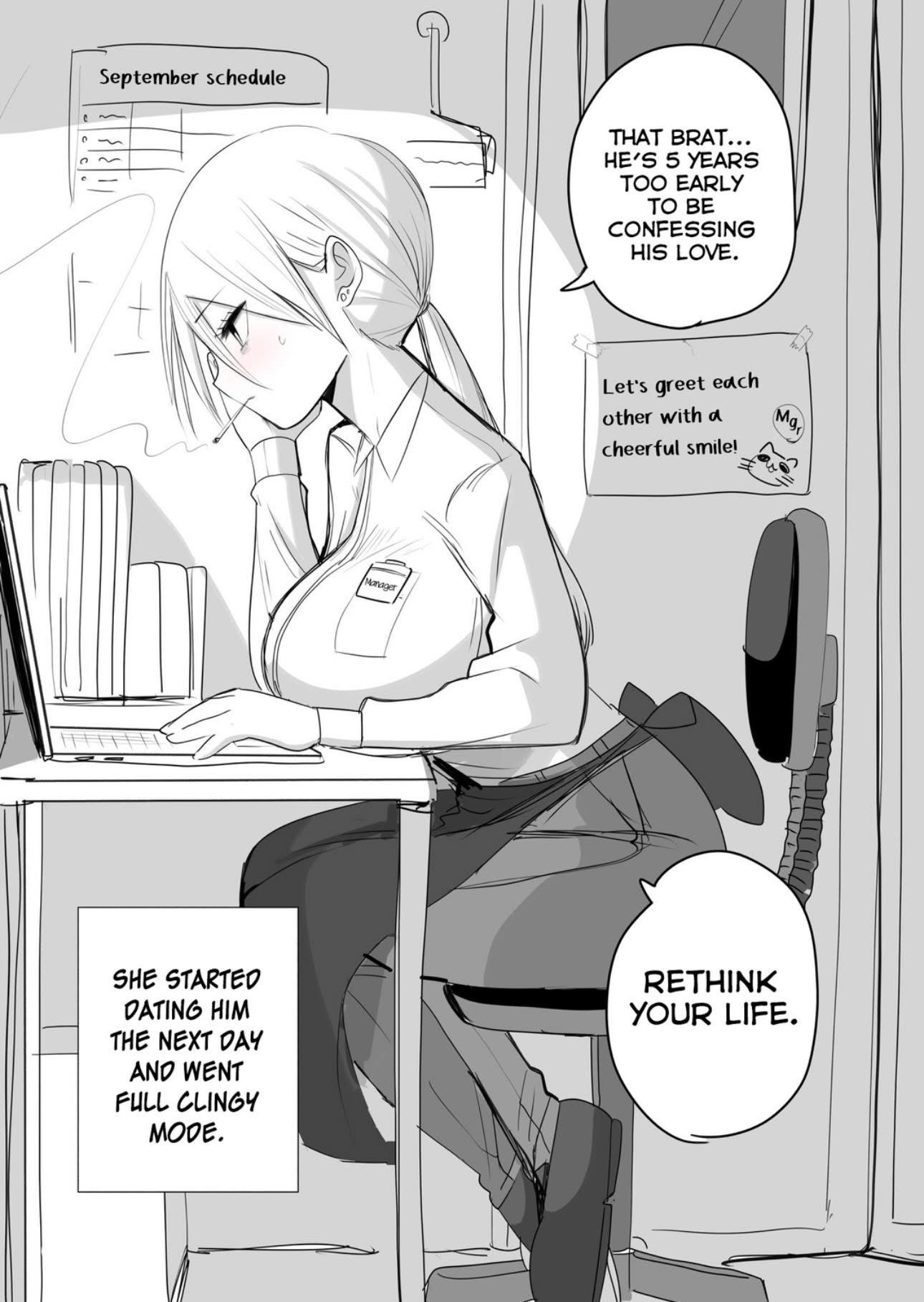 a black and white manga panel shows a woman in an office setting, smoking and thinking. she is sitting at a desk with a laptop and appears to be in her late 20s or early 30s. speech bubbles reveal her inner thoughts about a younger person confessing their love and her subsequent actions. a "september schedule" is visible on the wall, along with a note promoting a cheerful attitude. the panel conveys a humorous and slightly cynical tone.