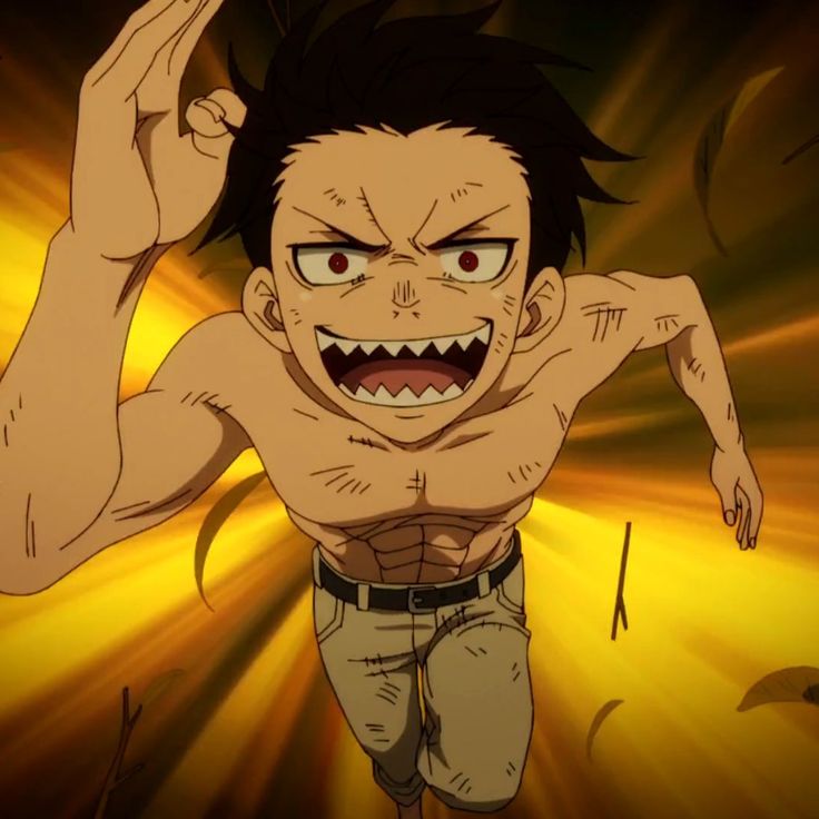 the image is of a male anime character running at high speed towards the camera. the character has a wide, toothy grin and is muscular, with prominent abs and a ripped physique. he has scars on his chest and arms. the background is a bright yellow blur suggesting speed and motion. the character is shown in motion and action.