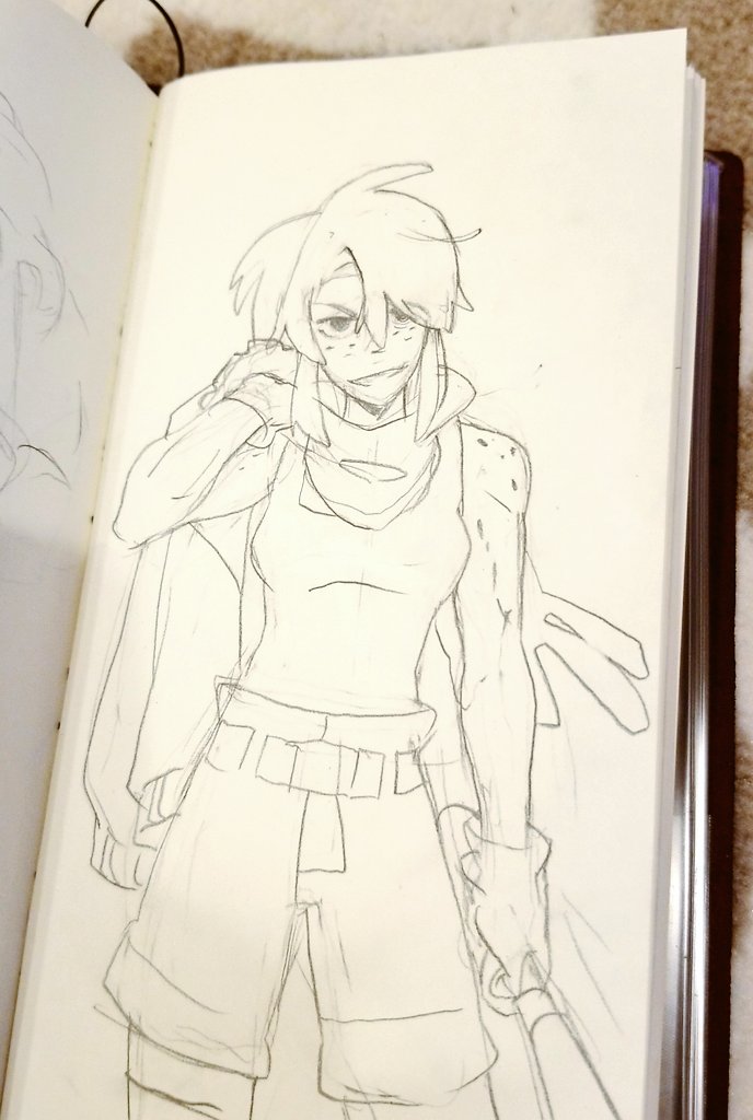 a pencil sketch of a female anime character. she is drawn in a cool and casual style with a confident pose. she is wearing shorts, a belt, a jacket, and a scarf. she is holding a baseball bat in her hands. the drawing is on a sheet of paper in a notebook.