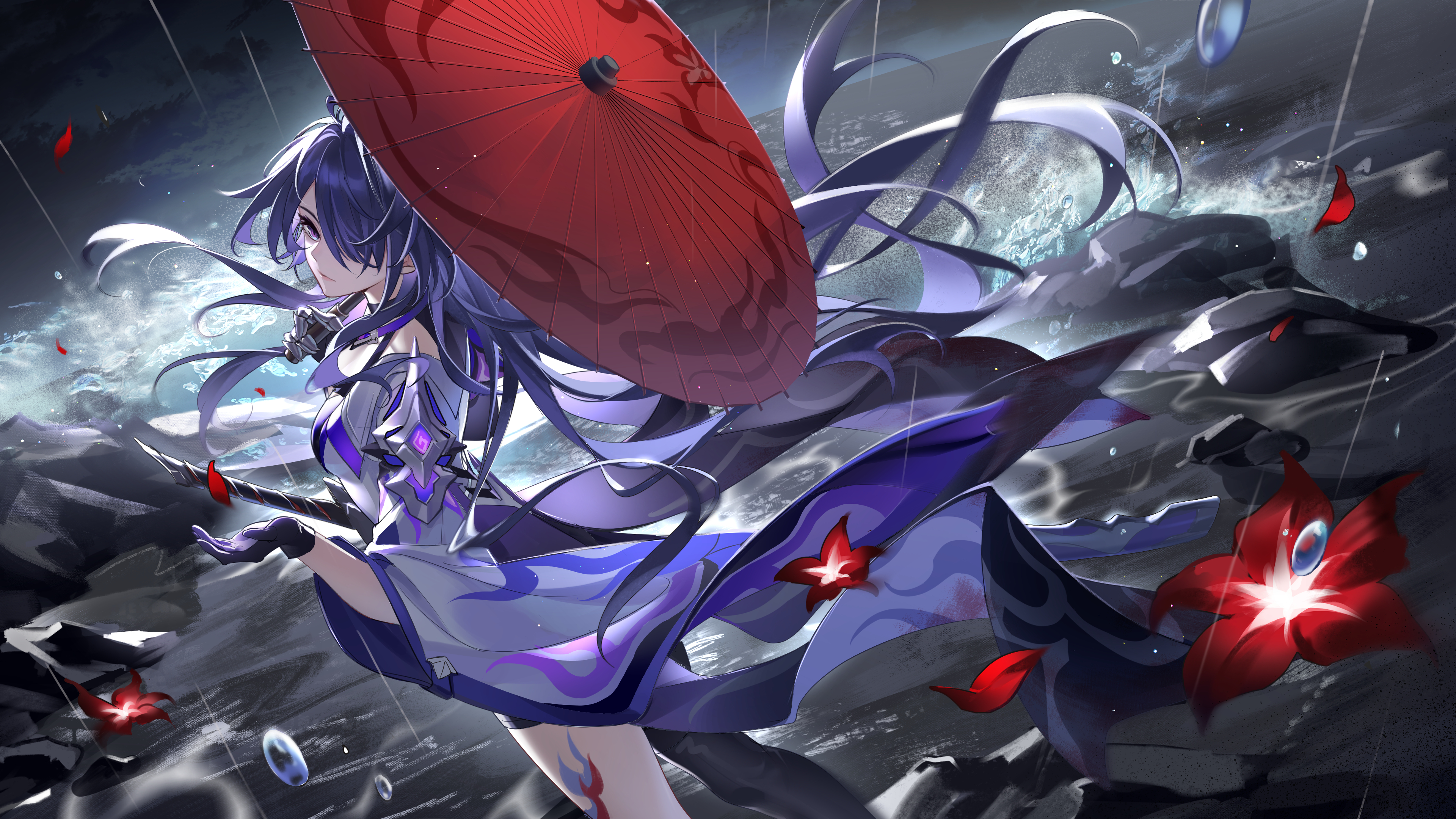 an animestyle girl with long purple hair stands in the rain holding a red umbrella. she is wearing japanesestyle clothing. a sword is visible at her back. red flowers are floating around her. the background is stylized and features dark, rocky terrain and turbulent water.