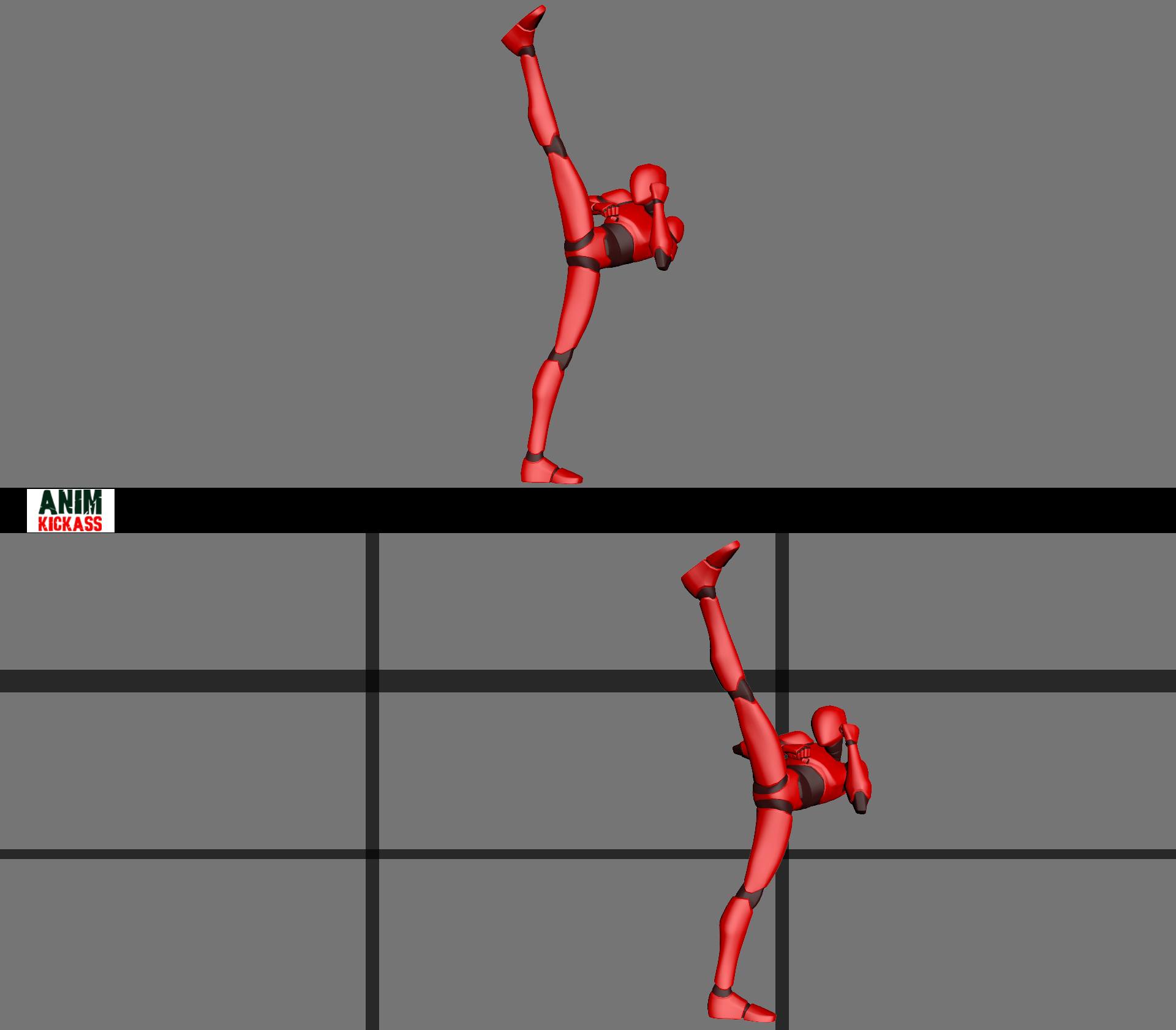 the image shows two frames of a red cartoon figure performing a kick, likely in a martial arts or animation context. the top frame shows the figure kicking in front of a black horizontal line, while the bottom frame shows the figure kicking in front of a grid. the logo "anim kickass" is present in the bottom left corner.