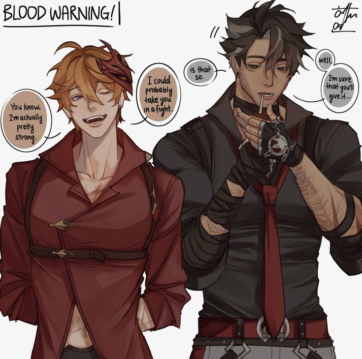 he image is a digital fanart depicting two animestyle male characters. one has reddishorange hair and wears a red jacket, while the other has dark hair and a dark outfit.  both characters have confident expressions and are shown in a slightly confrontational pose.  speech bubbles showcase their dialogue, suggesting a playful rivalry or impending conflict. a "blood warning!" is prominently displayed at the top, hinting at potential violence or injury. the art style is detailed, with attention to clothing textures and character expressions. the overall atmosphere is intense yet stylized.