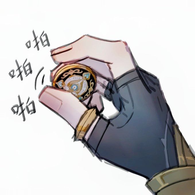 the image is a stylized illustration or drawing of a hand holding a small, ornate compass or similar circular object. the compass is gold with intricate details and what appears to be a blue eye in the center. the hand is depicted in a soft, slightly sketchy style, suggesting movement. it's wearing a dark glove or sleeve, with a gold band visible on the wrist.  the background is plain white. three instances of the same chinese character are visible near the hand, likely an onomatopoeia suggesting a clicking or ticking sound. the overall style is reminiscent of anime or fantasy art.