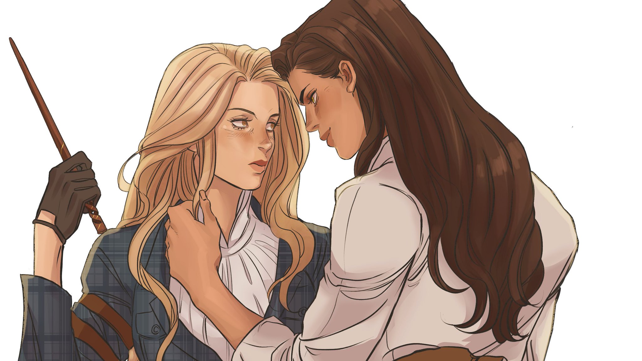 an illustration of two women in a romantic pose, one with blonde hair holding a wand and wearing a plaid blazer with leather gloves, the other with brown hair wearing a white blouse. they are looking at each other with a tender expression.