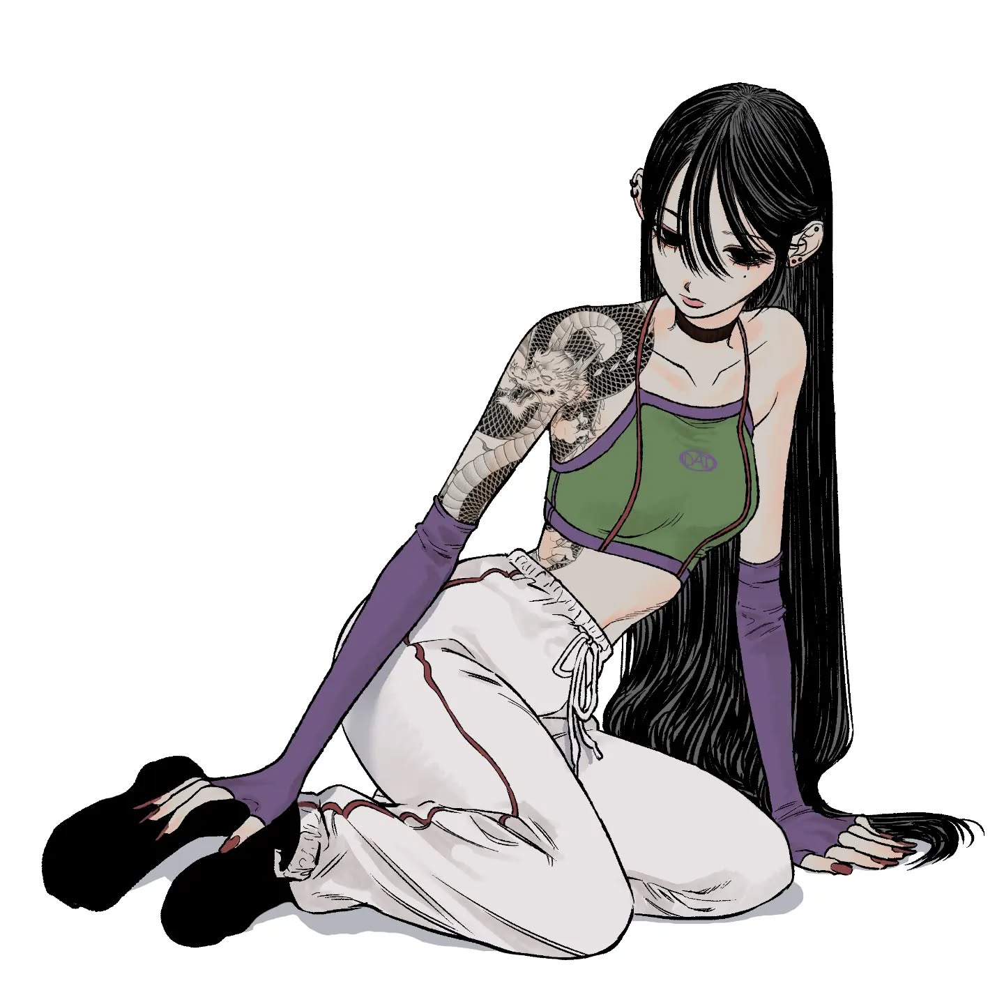 the image is a digital illustration in the style of anime or manga. it depicts a young woman with long black hair, seated on the floor. she's wearing a green crop top, white sweatpants with maroon stripes, and purple fingerless gloves.  a prominent dragon tattoo is visible on her upper arm. her expression is somewhat melancholic or pensive. the art style is detailed and features clean lines. the overall aesthetic leans toward a stylish and slightly alternative or "streetwear" vibe.