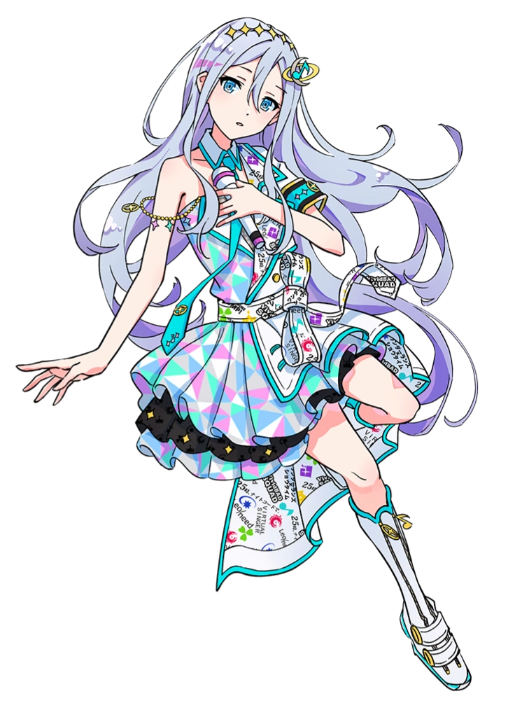 the image shows a fullbody illustration of an anime girl with long, light purple hair and blue eyes. she is wearing a colorful idol outfit with geometric patterns and a space theme, including stars on her headband and a planet accessory. she is holding a microphone and posing against a black background.