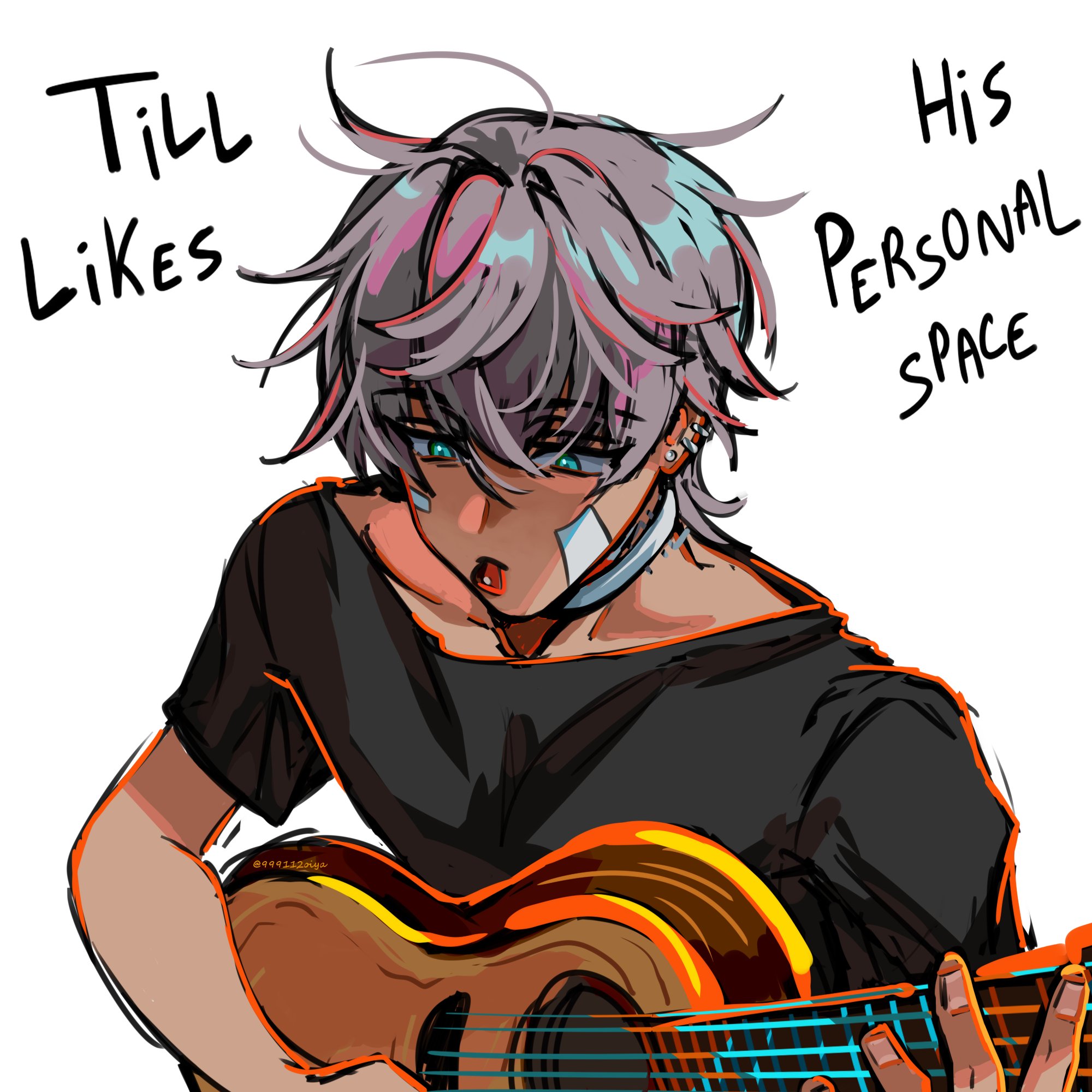 the image is a digital painting or drawing in an anime/manga style, depicting a young male character with grey and purple hair. he has dark skin, a bandaid on his face, and piercings.  he is playing an acoustic guitar, and the artwork is expressive, with visible brush strokes and a slightly rough texture. text surrounding the character states "till likes" and "his personal space," possibly suggesting the character's preferences and personality. the overall mood is slightly melancholic yet also energetic due to the action of playing the guitar. the art style is dynamic and modern, focusing on character expression and a painterly effect rather than strict lines.